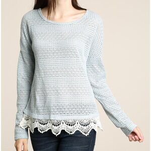 NWT Light Baby Blue Scallop Crochet White Lace Detail Sweater